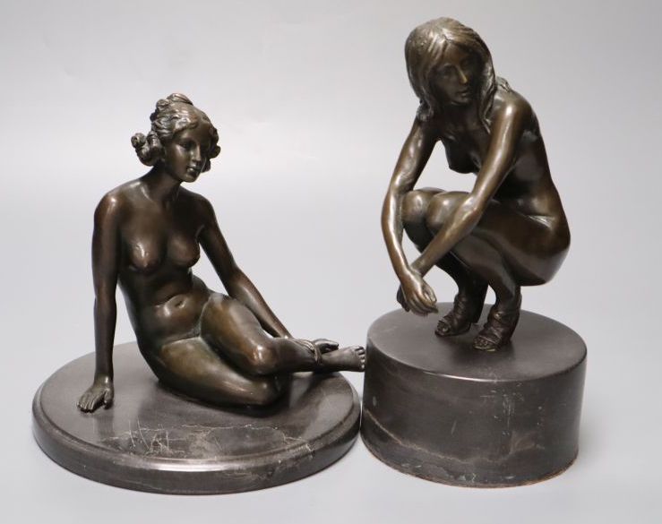 Two modern French bronzes of seated nudes on marble plinths, tallest 22cm
